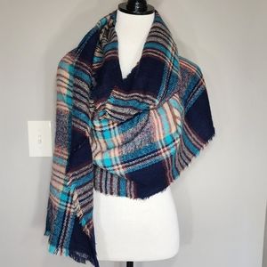 Women's navy blue plaid oversized blanket scarf with fringe By City Streets